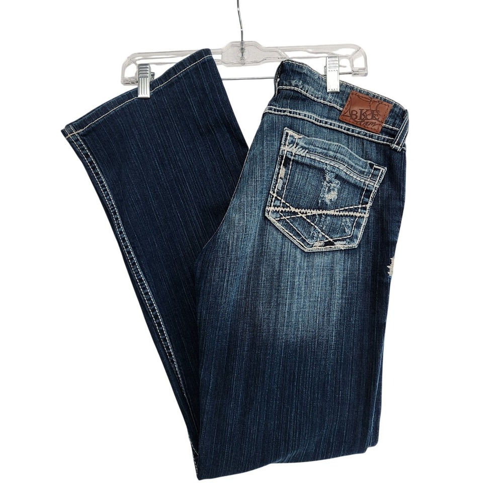 BKE 29R Blue Madison Flare Jeans Distressed Y2K Western Boho Thick Stitch Denim